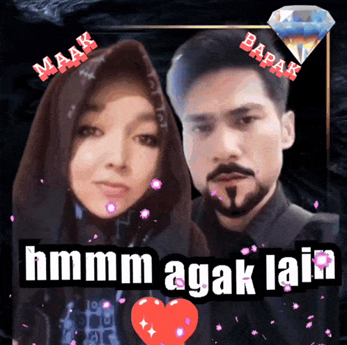 a man and a woman are standing next to each other with the words " hmm agak lain " written on the bottom