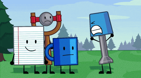 a group of cartoon characters are standing in a field including a cup and a slingshot