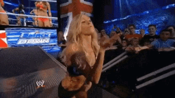 a woman in a bikini is dancing in front of a crowd and a sign that says wwe