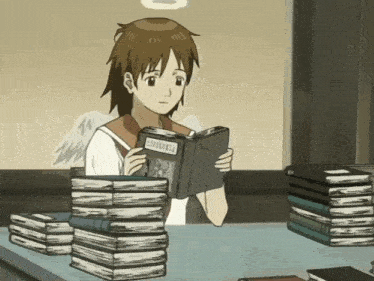 a girl with angel wings is reading a book with the word angels on it