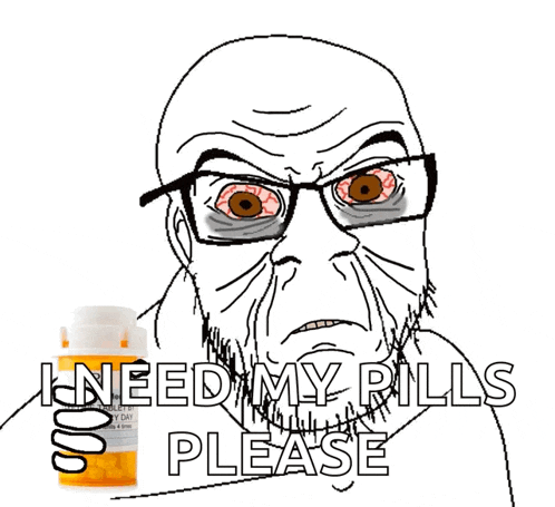 a cartoon of a man standing next to a bottle of pills that says i need my pills please