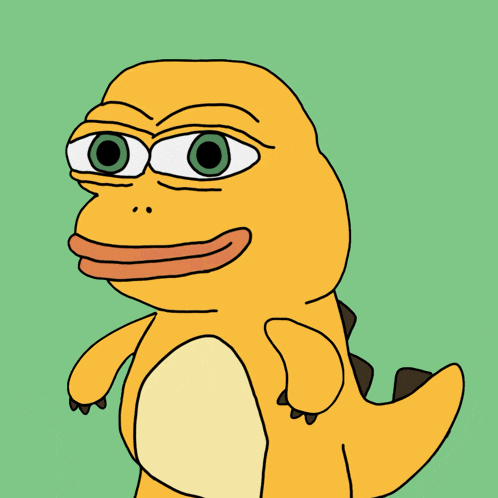 a cartoon of a yellow frog with green eyes and a red tongue