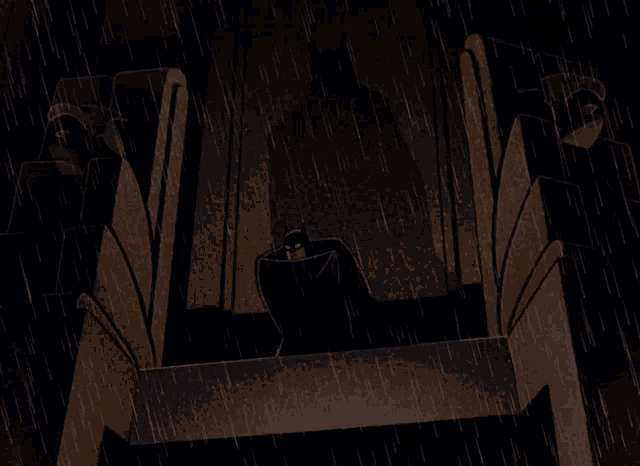 a cartoon drawing of batman standing in the rain on a balcony