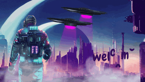a painting of a futuristic city with the word welcom written in black