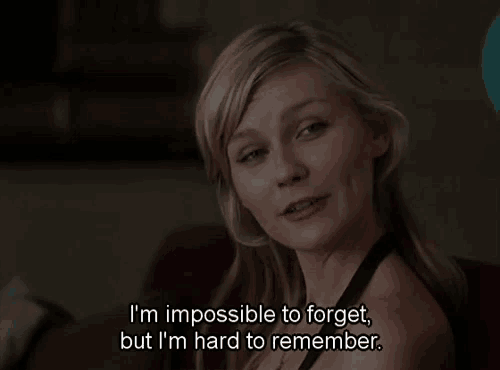 a woman in a black top is saying i 'm impossible to forget but i 'm hard to remember