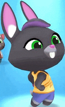 a cartoon rabbit wearing a yellow shirt and purple hat is standing in front of a blue background .
