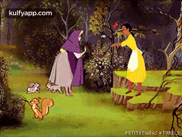 a woman in a yellow dress is standing next to a woman in a purple dress .