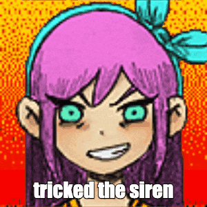 a cartoon girl with pink hair and blue eyes is smiling with the words tricked the siren .