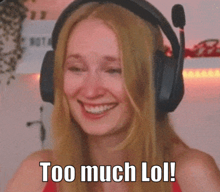 a woman wearing headphones with the words too much lol written below her