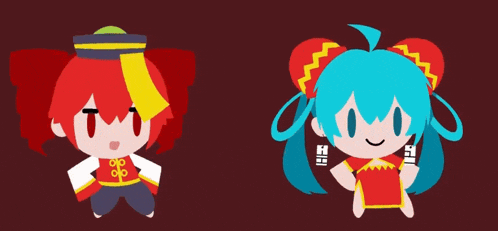two cartoon characters one red and one blue with the letter h on their ears