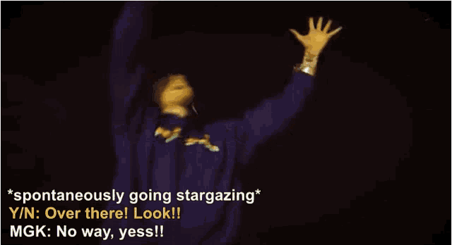 a blurry picture of a man with the words " spontaneously going stargazing " in the corner