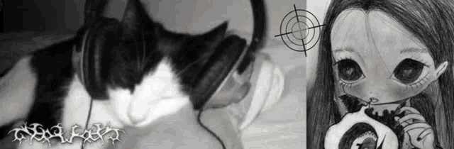 a black and white photo of a cat and a drawing of a girl with headphones