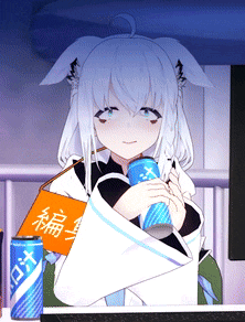 a white haired anime girl is holding a blue can of energy drink in her hands