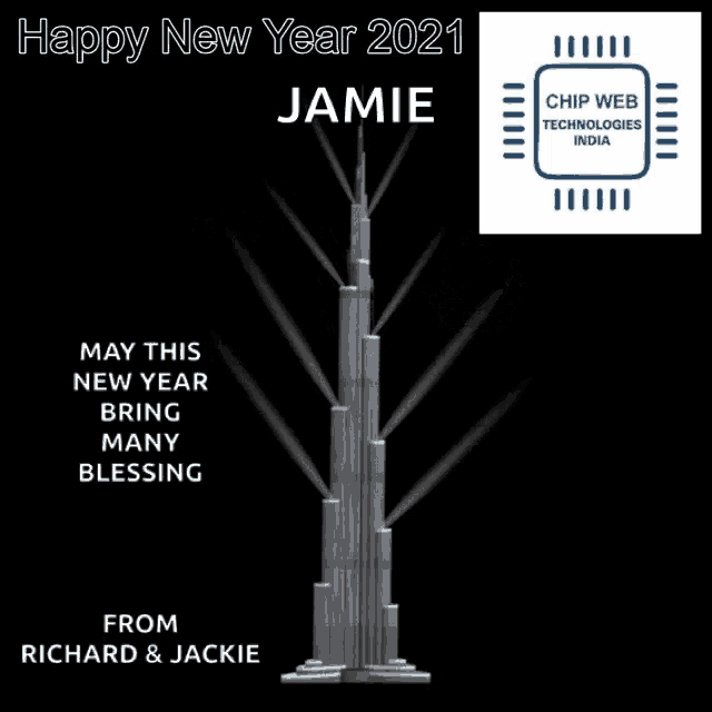 a happy new year greeting card with a chip web technologies india logo on the bottom
