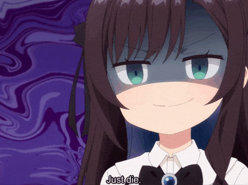 a girl with brown hair and green eyes is smiling and saying just die