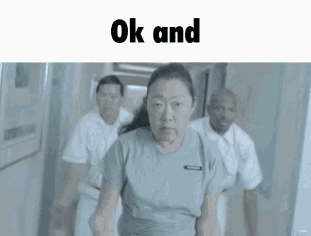 a group of nurses are running down a hallway with the words " ok and " written above them