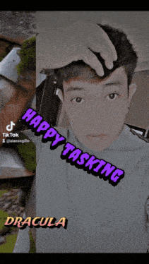 a picture of a man with the words happy tasking on it