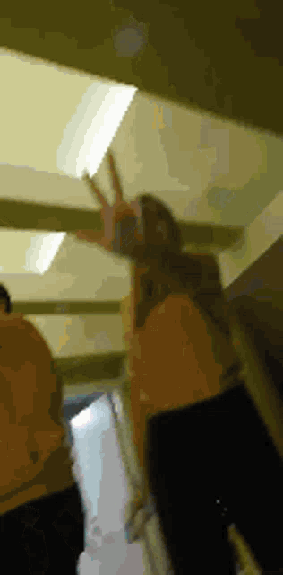 a woman giving a peace sign in a hallway