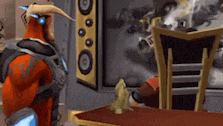 a cartoon character is standing next to a chair and a table in a room .