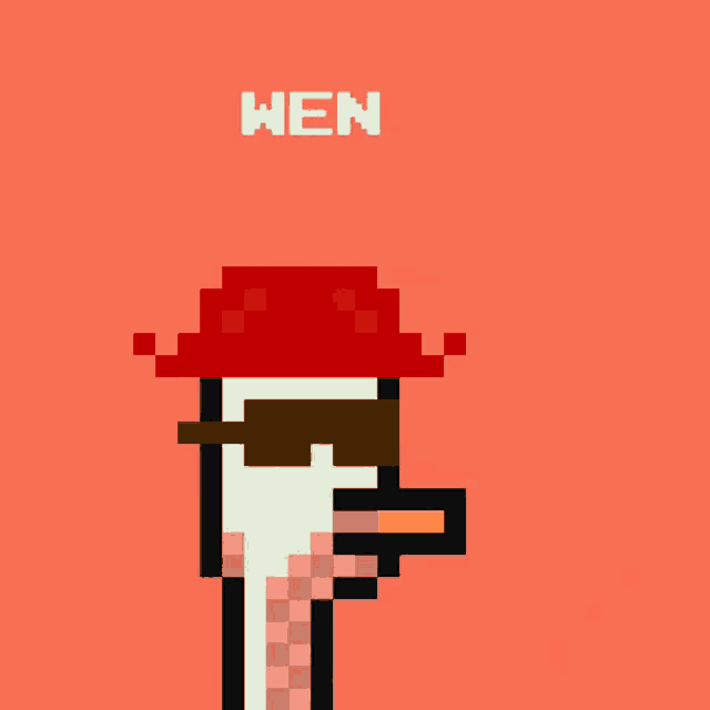 a pixel art of an ostrich wearing a red hat and sunglasses with the word teenz below it