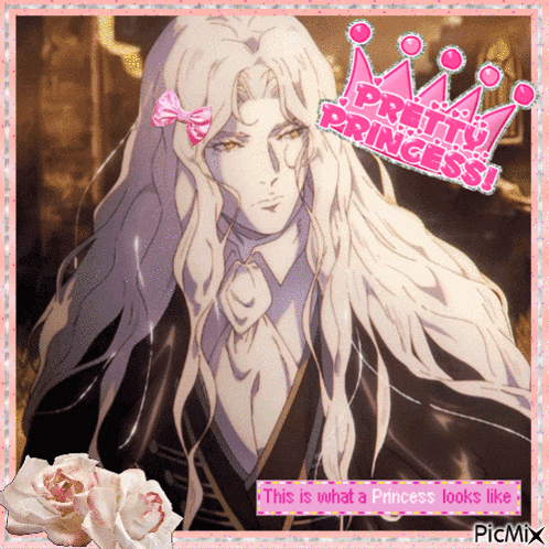 a picture of a man with long white hair and a pink bow in his hair with the words pretty princess