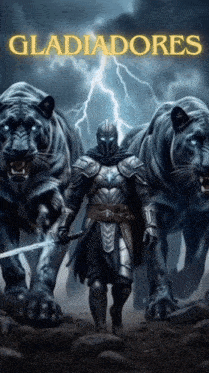 a poster for gladiadores shows a man in armor standing in front of two tigers