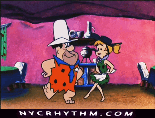 a cartoon of the flintstones dancing with nycrhythm.com written on the bottom