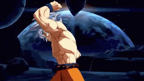 a shirtless cartoon character is standing in front of a planet in a video game .