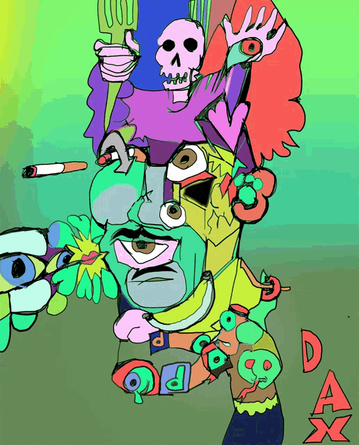 a colorful drawing of a person with a skull on top