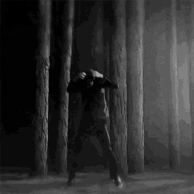a man is dancing in a dark forest surrounded by trees .