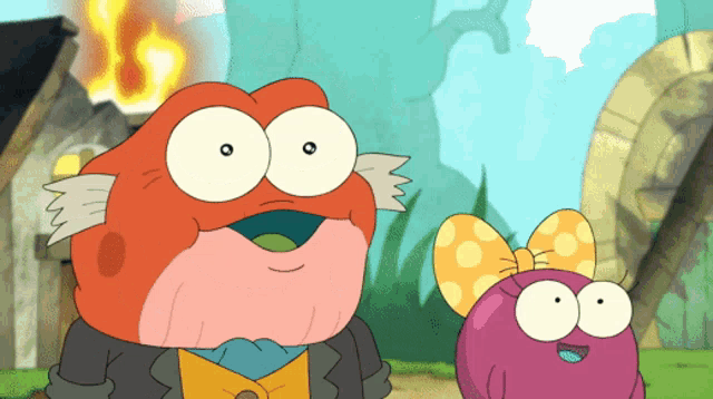 two cartoon characters are standing next to each other in front of a fire