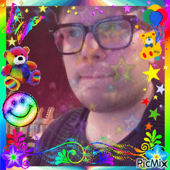 a picture of a man with glasses and a smiley face surrounded by balloons and flowers with picmix at the bottom
