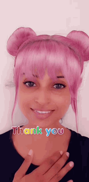 a woman with pink hair and the words thank you written on her face