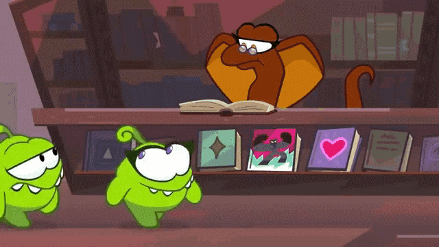 a cartoon of a snake reading a book in front of a shelf full of books