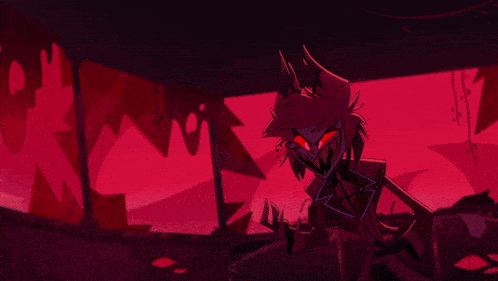a cartoon character with red eyes is standing in a dark area