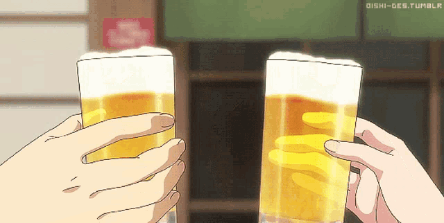 two glasses of beer are being held up in front of a sign that says dishi-des.tumblr