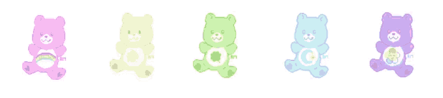 a row of care bears in different colors with a rainbow on their chest