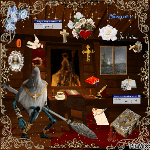 a computer screen shows a skeleton holding a spear and the words sinner je l' aime on the bottom
