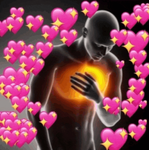 a man is surrounded by pink hearts on his chest .