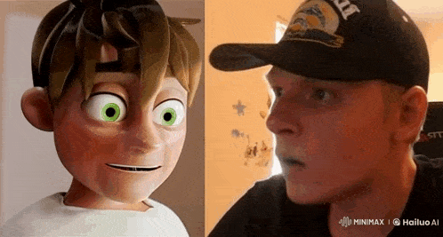 a man wearing a baseball cap is looking at a cartoon character with green eyes .