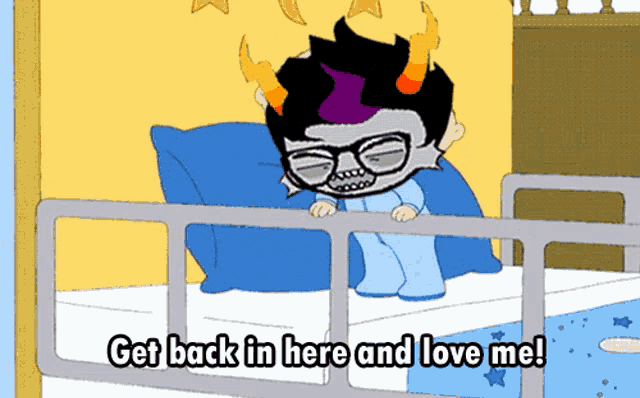 a cartoon character in a hospital bed with the words get back in here and love me