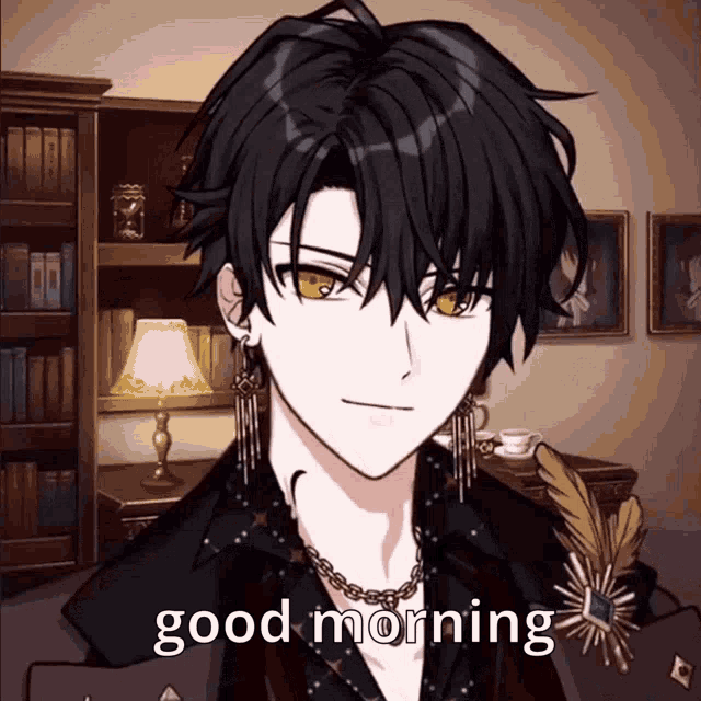 a cartoon character says good morning in front of a bookshelf