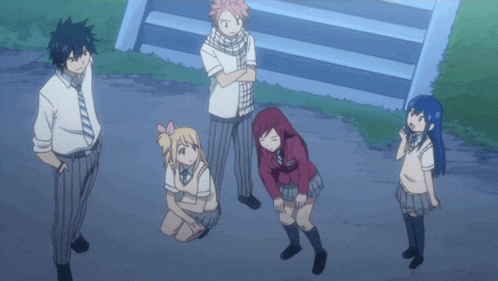 a group of anime characters are standing in a line