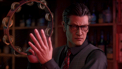 a man in a suit and tie is holding a tambourine in his hand