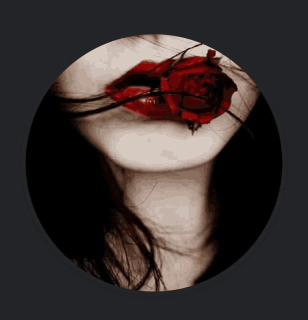 a woman with a red rose in her mouth
