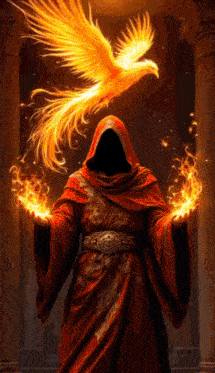 a man in a red robe is surrounded by flames and a phoenix is flying overhead