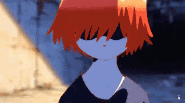 a pixel art drawing of a girl with red hair and a black shirt