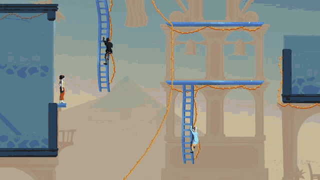 a video game shows a skeleton hanging from a rope