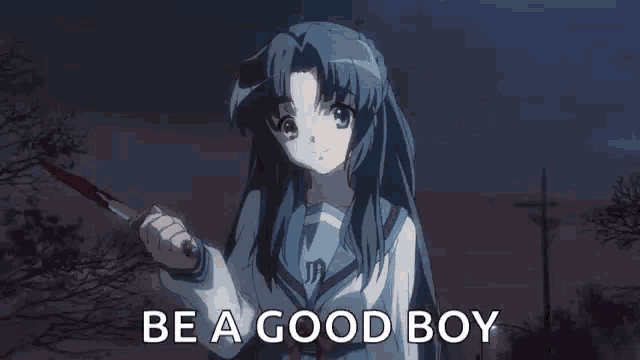 a girl is holding a bloody knife and the words be a good boy are below her