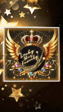 a lucky star family logo with gold wings and a crown on a black background